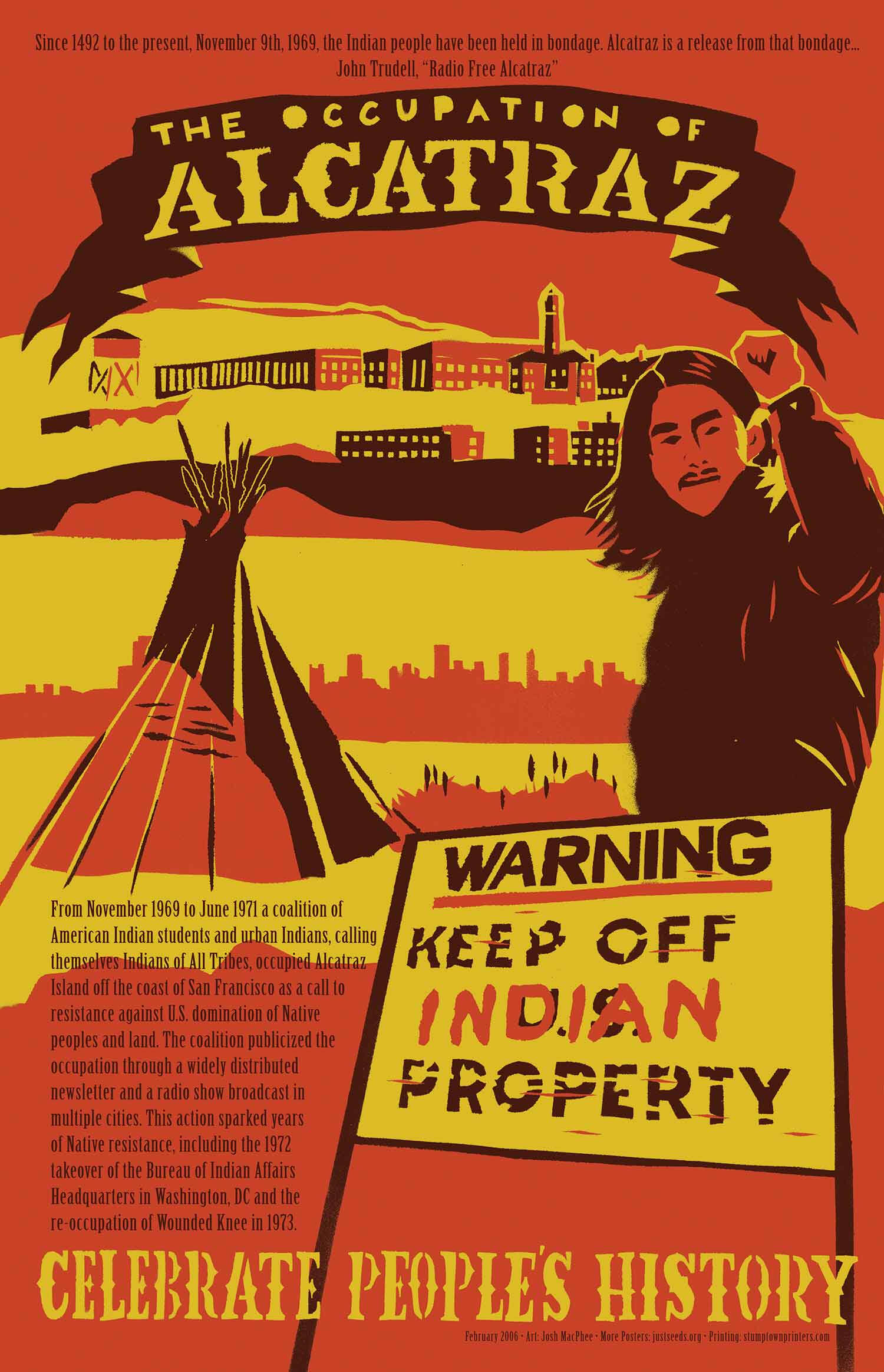 Poster about the occupation of alcatraz in shades of yellow, orange, and a deep red.
